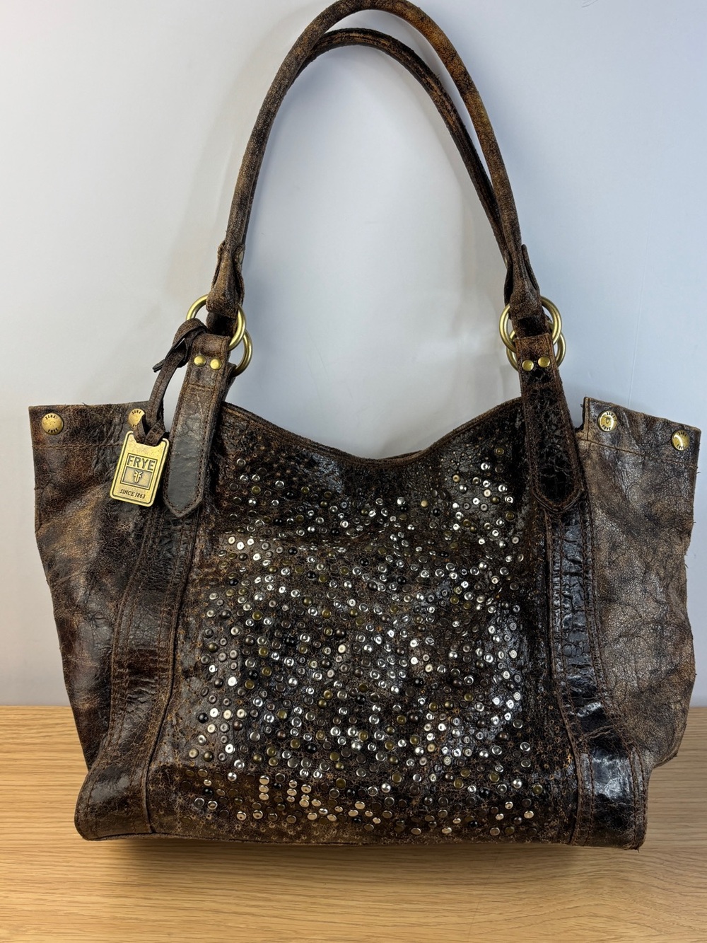 Frye Deborah Brown Distressed Leather Multi-Color Metallic Studded Shoulder Bag